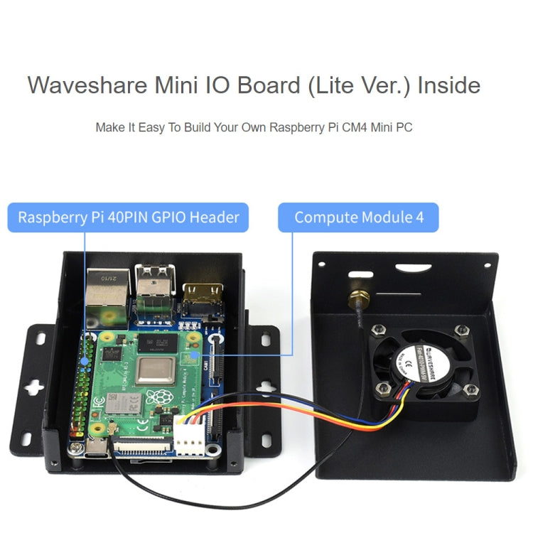 Waveshare Mini IO Board Lite Ver Mini-Computer Base Box with Metal Case & Cooling Fan for Raspberry Pi CM4