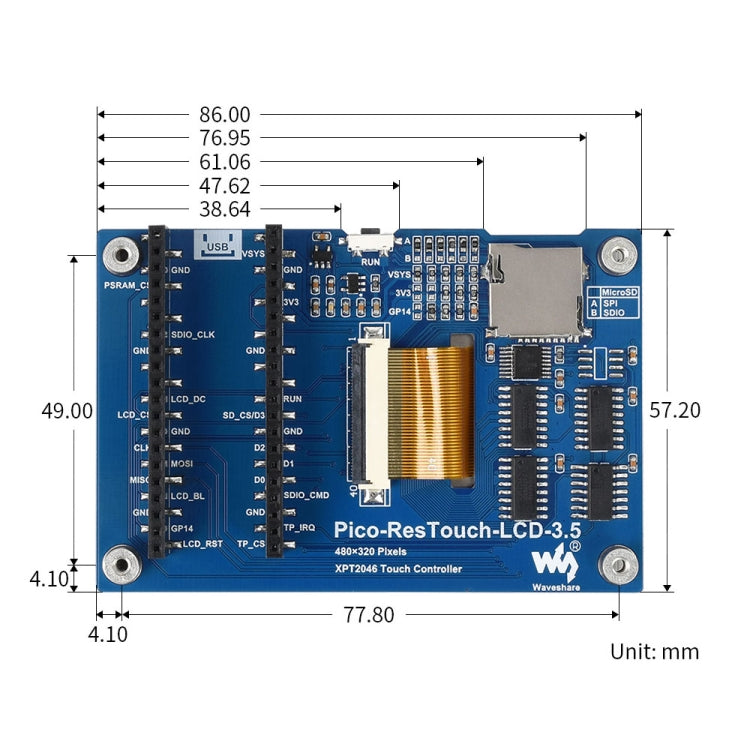 WAVESHARE 3.5 inch 65K Colors 480 x 320 Touch Display Module for Raspberry Pi Pico, SPI Interface My Store