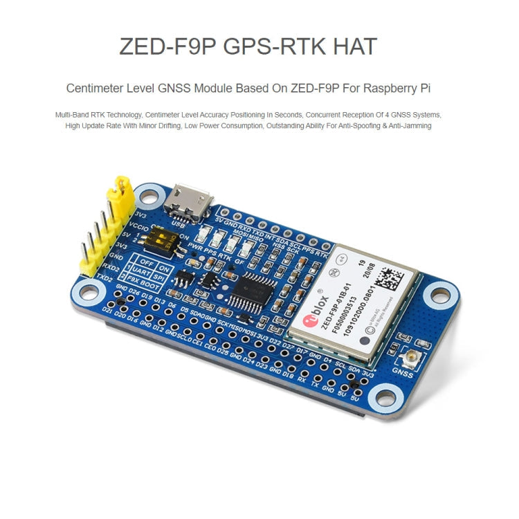 Waveshare ZED-F9P GPS-RTK HAT Centimeter Level Accuracy Multi-Band RTK Differential GPS Module for Raspberry Pi