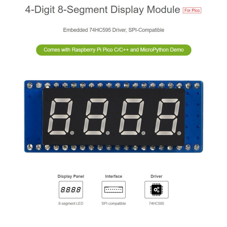 WAVESHARE 4-digit 8-segment Display Module for Raspberry Pi Pico, SPI-compatible