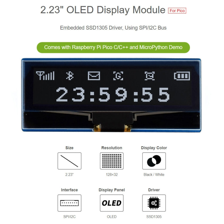 WAVESHARE 128 x 32 Pixel 2.23 inch OLED Display Module for Raspberry Pi Pico, SPI/I2C