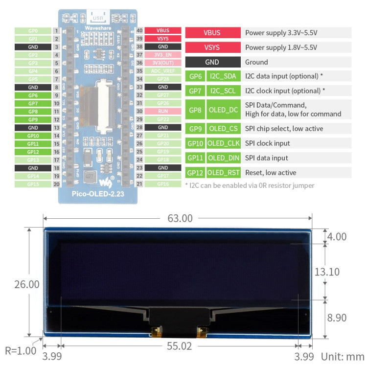 WAVESHARE 128 x 32 Pixel 2.23 inch OLED Display Module for Raspberry Pi Pico, SPI/I2C