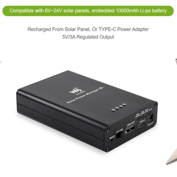 Waveshare Solar Power Manager, Embedded 10000mAh Li-Po Battery, Support 6V~24V Solar Panels