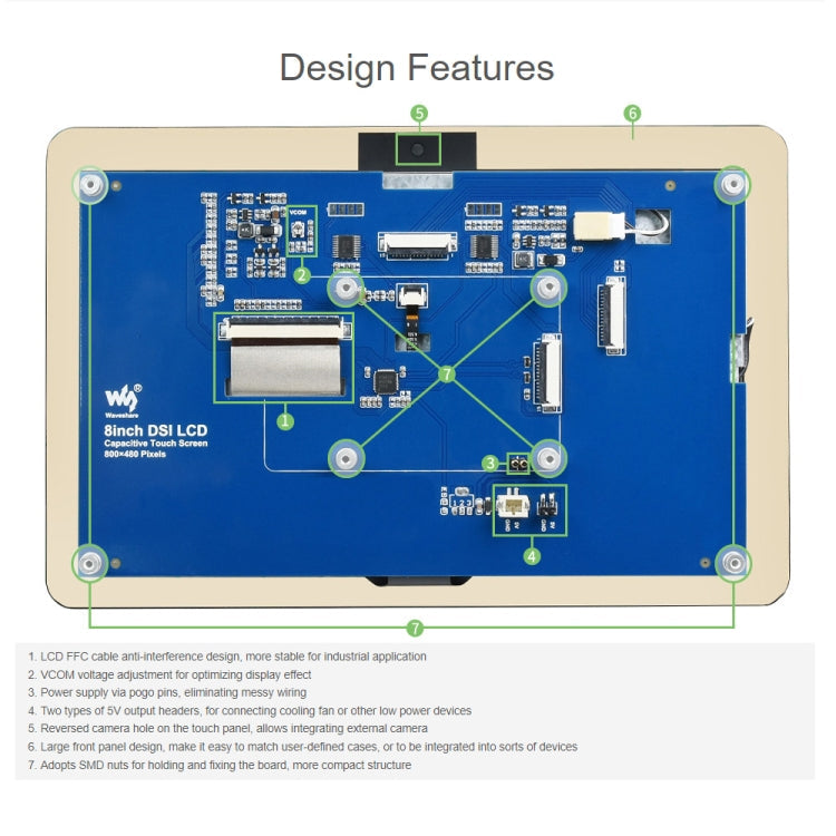 WAVESHARE 8 inch 800 x 480 Capacitive Touch Display for Raspberry Pi, DSI Interface