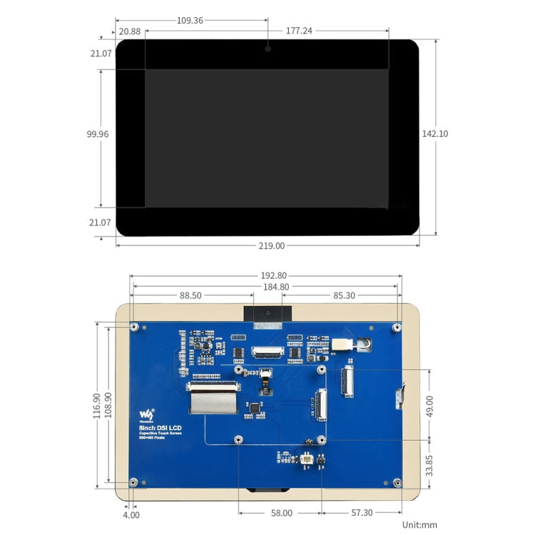 WAVESHARE 8 inch 800 x 480 Capacitive Touch Display for Raspberry Pi, DSI Interface