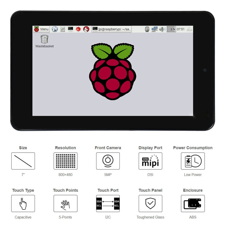 WAVESHARE 7 inch 800 x 480 Capacitive Touch Display with Case & Front Camera for Raspberry Pi