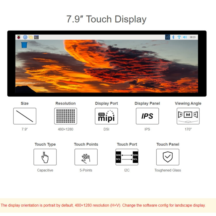 WAVESHARE 7.9 inch Capacitive Touch Display For Raspberry Pi, 400 x 1280, IPS, DSI Interface