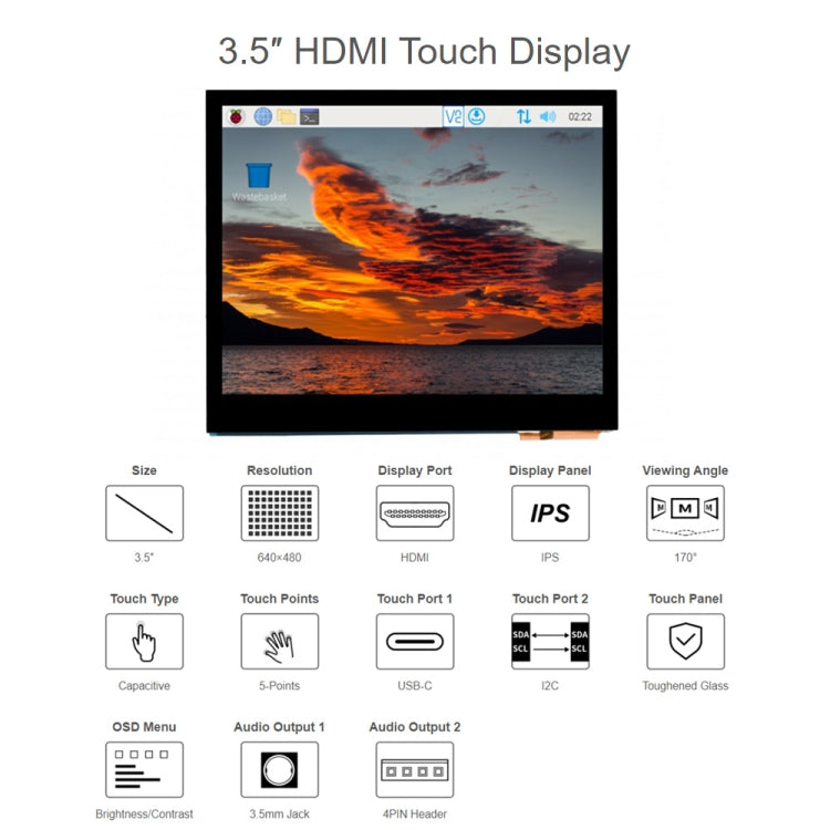 Waveshare 3.5 inch HDMI Capacitive Touch IPS LCD Display (E), 640 x 480, Audio Jack