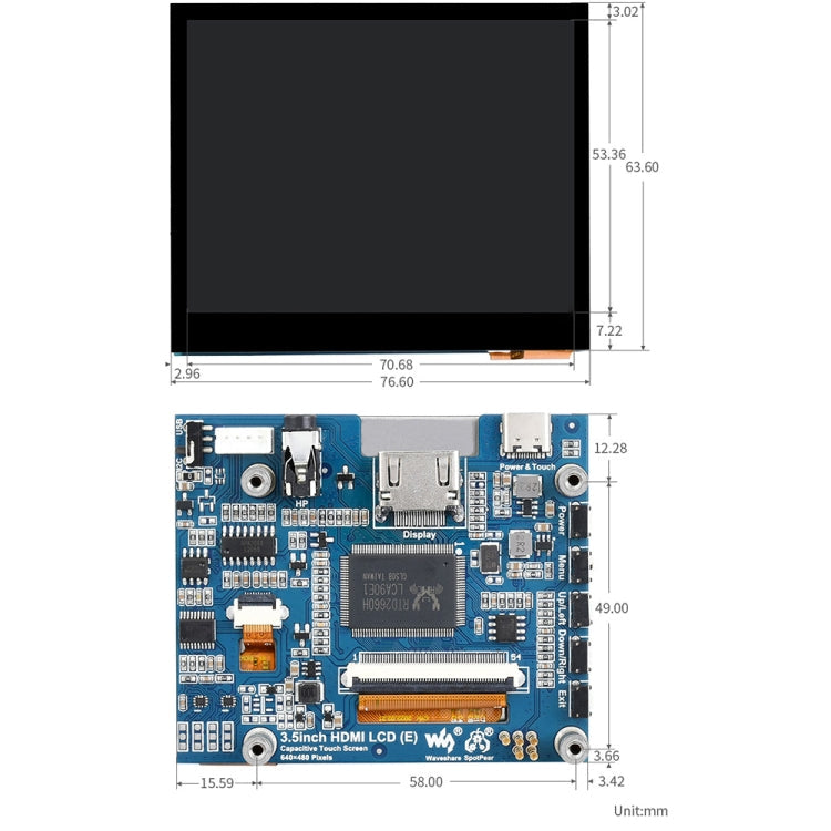 Waveshare 3.5 inch HDMI Capacitive Touch IPS LCD Display (E), 640 x 480, Audio Jack