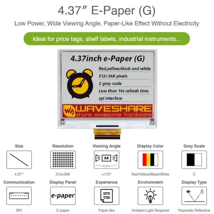 Waveshare 4.37 inch 512 x 368 Pixel Red Yellow Black White E-Paper (G) Raw Display Panel My Store