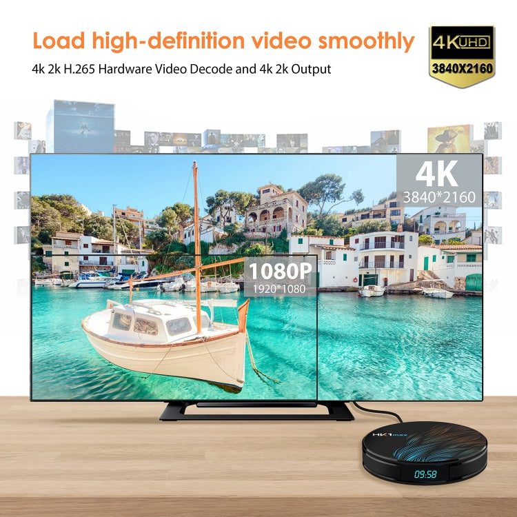 HK1max 4K UHD Smart TV Box with Remote Controller, Android 9.0 RK3318 Quad-Core 64bit Cortex-A53, 4GB+64GB, Support Dual Band WiFi & AV & HDMI & RJ45 & TF Card