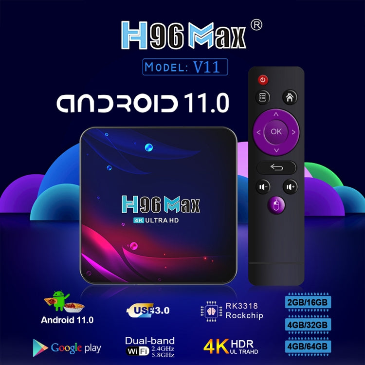 H96 Max V11 4K Smart TV BOX Android 11.0 Media Player with Remote Control, RK3318 Quad-Core 64bit Cortex-A53, RAM: 2GB, ROM: 16GB, Support Dual Band WiFi, Bluetooth, Ethernet, EU Plug