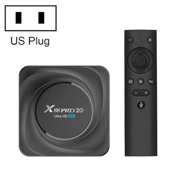 X88 Pro 20 4K Smart TV BOX Android 11.0 Media Player with Voice Remote Control, RK3566 Quad Core 64bit Cortex-A55 up to 1.8GHz, RAM: 8GB, ROM: 128GB, Support Dual Band WiFi, Bluetooth, Ethernet, US Plug