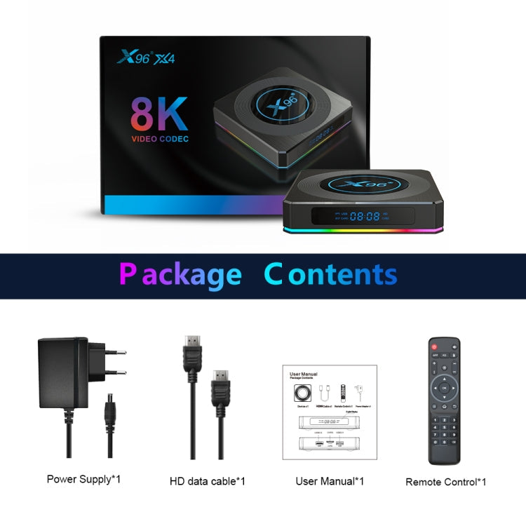 X96 X4 8K Smart TV BOX Android 11.0 Media Player with Remote Control, Amlogic S905X4 Quad Core ARM Cortex A55, RAM: 4GB, ROM: 64GB, Support 100M, Dual Band WiFi, Bluetooth, EU Plug