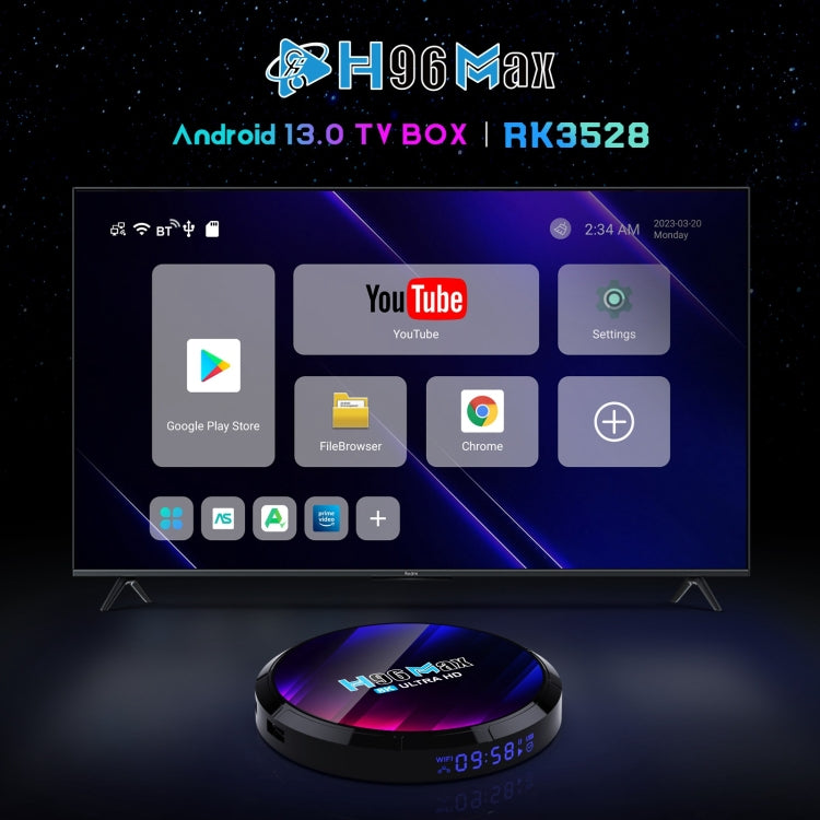 H96 Max 8K Ultra HD Smart TV Box Android 13.0 Media Player with Remote Control, RK3528 Quad-Core, 2GB+16GB Reluova