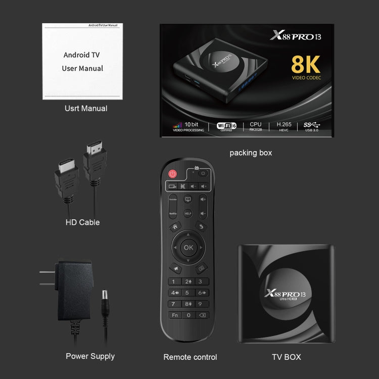 X88 Pro 13 Android 13.0 Smart TV Box with Remote Control, RK3528 Quad-Core, 2GB+16GB Reluova