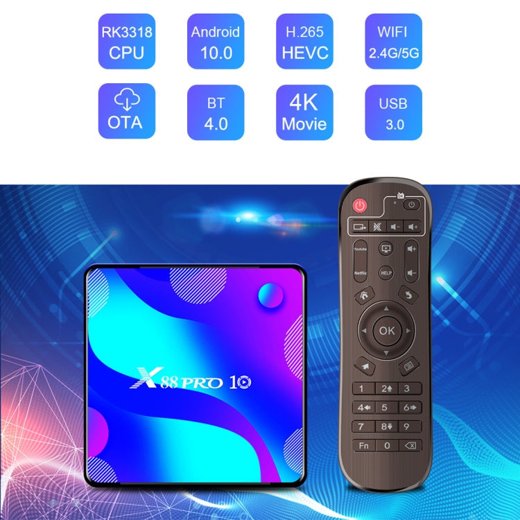 X88 Pro 10 4K Ultra HD Android TV Box with Remote Controller, Android 10.0, RK3318 Quad-Core 64bit Cortex-A53, 4GB+32GB, Support Bluetooth / Dual-Band WiFi / TF Card / USB / AV / Ethernet My Store