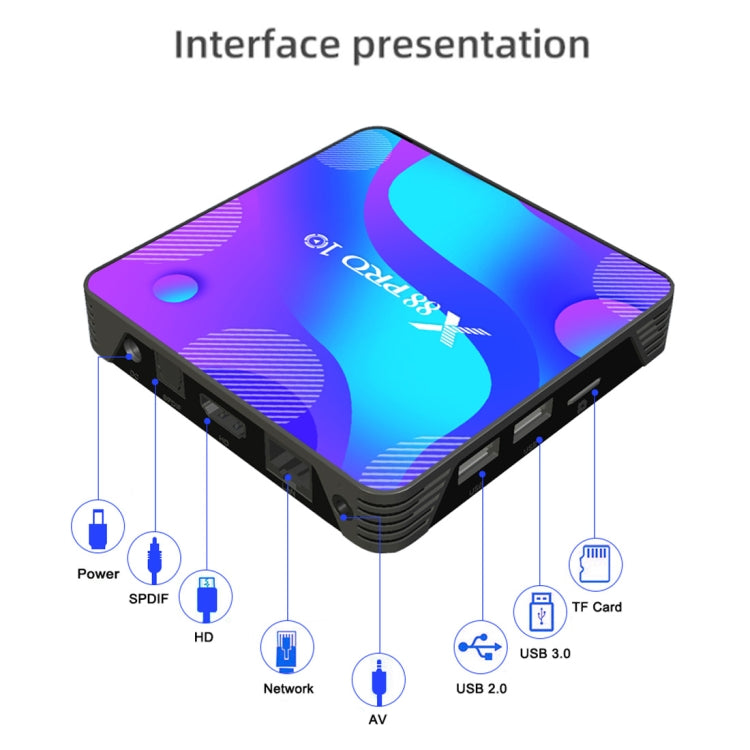 X88 Pro 10 4K Ultra HD Android TV Box with Remote Controller, Android 10.0, RK3318 Quad-Core 64bit Cortex-A53, 4GB+128GB, Support Bluetooth / Dual-Band WiFi / TF Card / USB / AV / Ethernet My Store