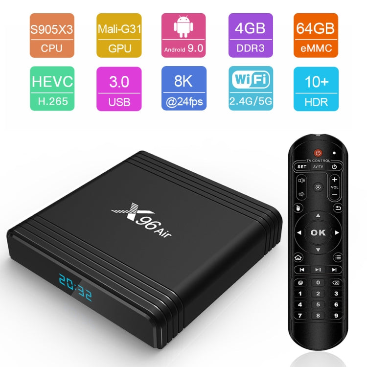 X96 Air 8K Smart TV BOX Android 9.0 Media Player with Remote Control, Quad-core Amlogic S905X3, RAM: 2GB, ROM: 16GB, Dual Band WiFi, AU Plug