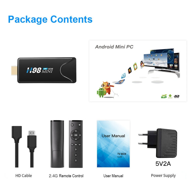 H98 Mini 4K Dongle Smart TV BOX Android 10 Media Player with Remote Control, Allwinner H313 Quad-core ARM Cortex-A53, RAM: 2GB, ROM: 16GB, Support WiFi, Bluetooth, OTG, EU Plug My Store