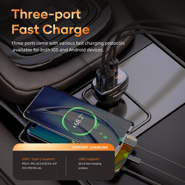 ROCK C301 60W Smart Digital Display Three Ports Car Charger