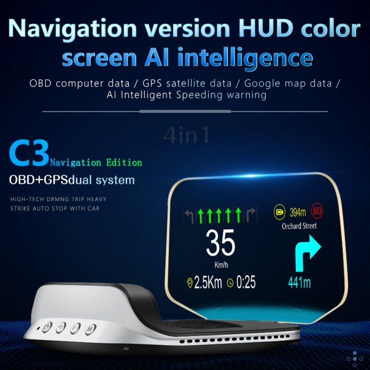 C3 OBD2 + GPS Mode Car Head-up Display HUD Overspeed / Speed / Water Temperature Too High / Voltage Too Low / Engine Failure Alarm / Fatigue Driving Reminder / Navigation Function