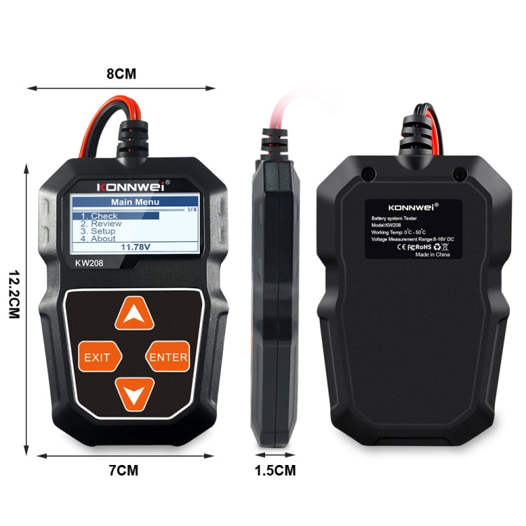 KONNWEI KW208 Car TFT Color Screen Battery Tester Support 8 Languages