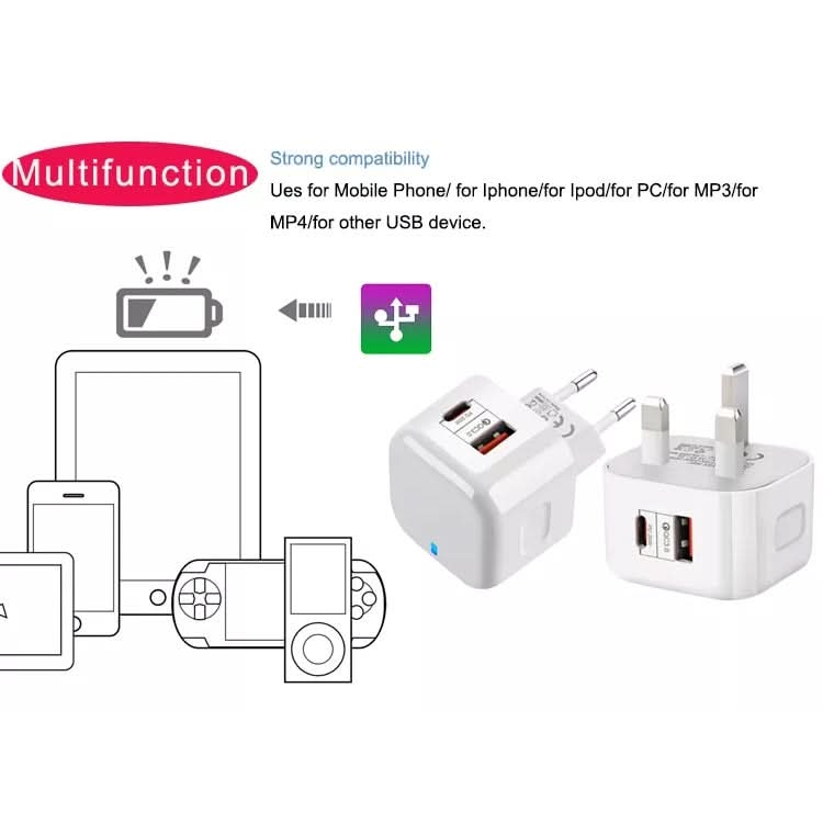 20W PD + QC 3.0 Dual Ports Travel Charger Power Adapter,