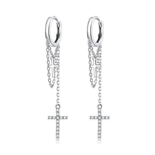 S925 Sterling Silver Long Tassel Shining Cross Women Earrings Reluova