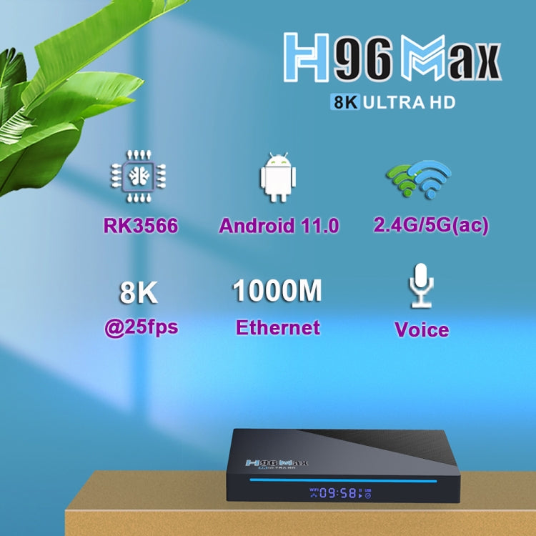 H96 Max 8K Smart TV BOX Android 11.0 Media Player wtih Remote Control, Quad Core RK3566, RAM: 8GB, ROM: 64GB, Dual Frequency 2.4GHz WiFi / 5G Reluova