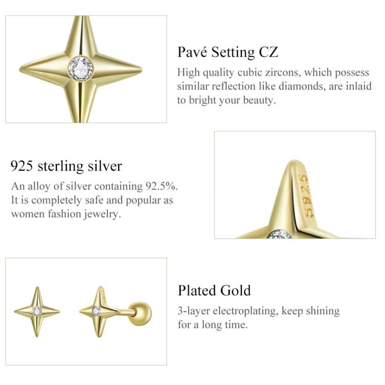 S925 Sterling Silver Golden Stars Ear Studs Women Earrings Reluova