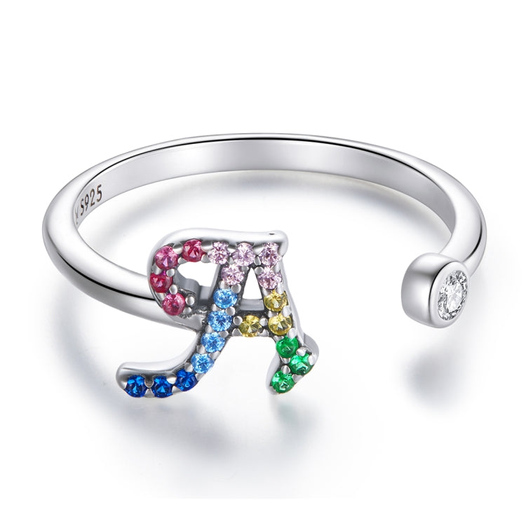 S925 Sterling Silver 26 English Letters Colorful Zircon Women Open Ring My Store