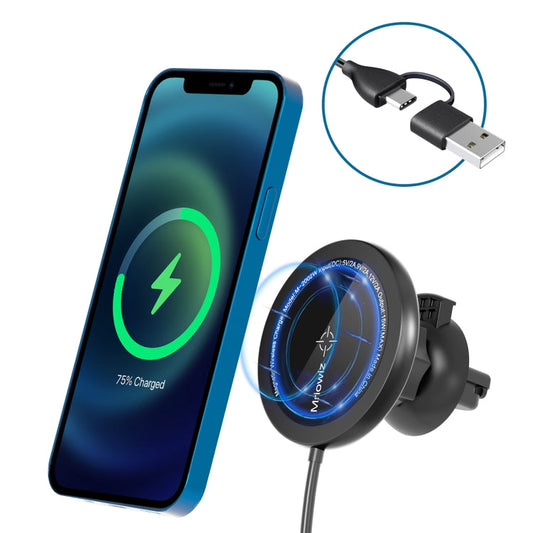 Mriowiz M-2002W 15W 360-degree Rotating MagSafe Magnetic Car Wireless Charger for iPhone 12 Series, with USB + USB-C / Type-C Data Cable, Cable Length: 1m