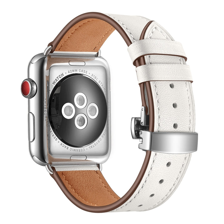 Genuine Leather + Butterfly Silver Buckle Replacement Watchbands For Apple Watch Series 6 & SE & 5 & 4 44mm / 3 & 2 & 1 42mm