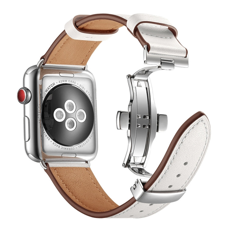 Genuine Leather + Butterfly Silver Buckle Replacement Watchbands For Apple Watch Series 6 & SE & 5 & 4 44mm / 3 & 2 & 1 42mm