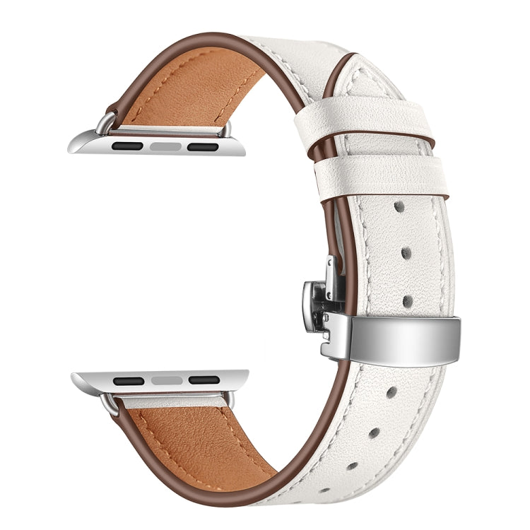 Genuine Leather + Butterfly Silver Buckle Replacement Watchbands For Apple Watch Series 6 & SE & 5 & 4 44mm / 3 & 2 & 1 42mm