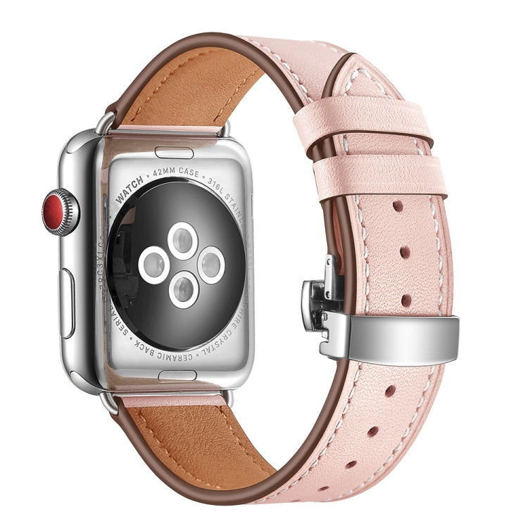 Genuine Leather + Butterfly Silver Buckle Replacement Watchbands For Apple Watch Series 6 & SE & 5 & 4 44mm / 3 & 2 & 1 42mm