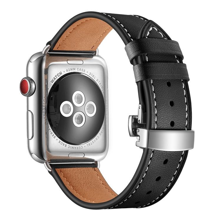 Genuine Leather + Butterfly Silver Buckle Replacement Watchbands For Apple Watch Series 6 & SE & 5 & 4 44mm / 3 & 2 & 1 42mm