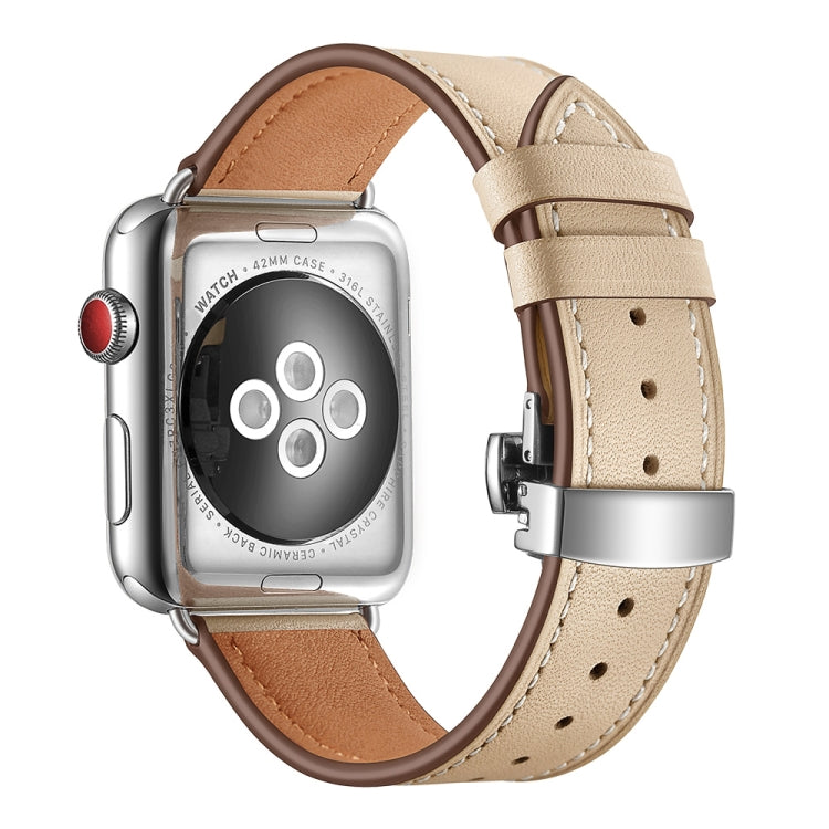 Genuine Leather + Butterfly Silver Buckle Replacement Watchbands For Apple Watch Series 6 & SE & 5 & 4 44mm / 3 & 2 & 1 42mm