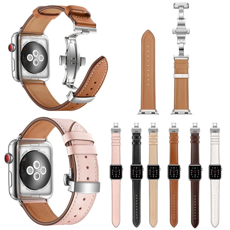 Genuine Leather + Butterfly Silver Buckle Replacement Watchbands For Apple Watch Series 6 & SE & 5 & 4 44mm / 3 & 2 & 1 42mm