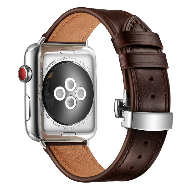 Genuine Leather + Butterfly Silver Buckle Replacement Watchbands For Apple Watch Series 6 & SE & 5 & 4 40mm / 3 & 2 & 1 38mm