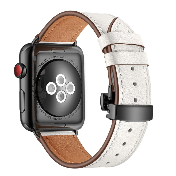 Genuine Leather + Butterfly Black Buckle Replacement Watchbands For Apple Watch Series 6 & SE & 5 & 4 44mm / 3 & 2 & 1 42mm