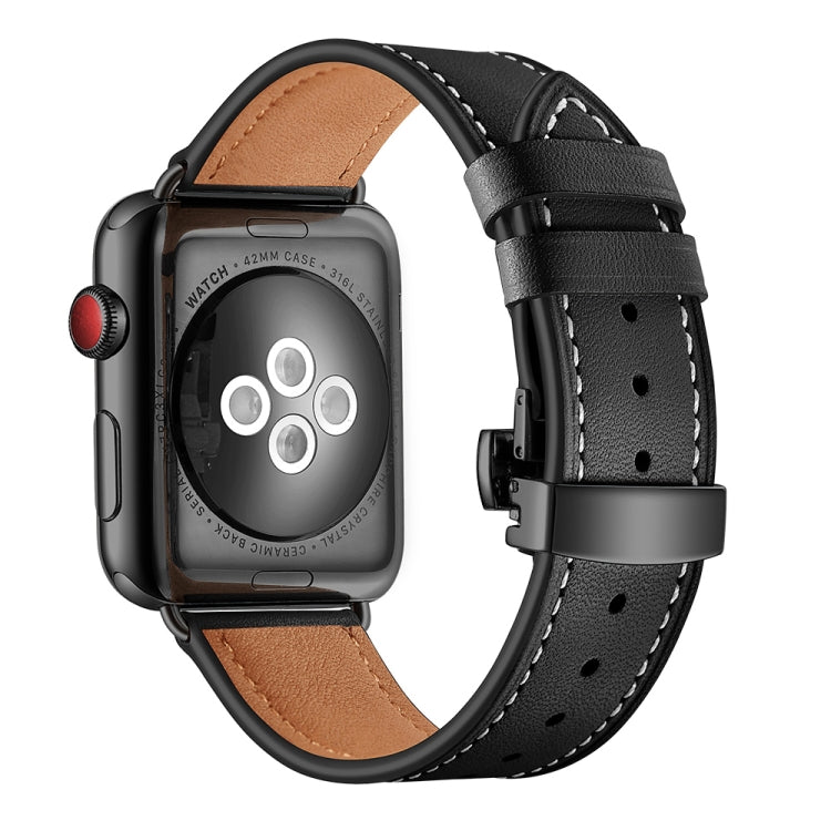 Genuine Leather + Butterfly Black Buckle Replacement Watchbands For Apple Watch Series 6 & SE & 5 & 4 44mm / 3 & 2 & 1 42mm