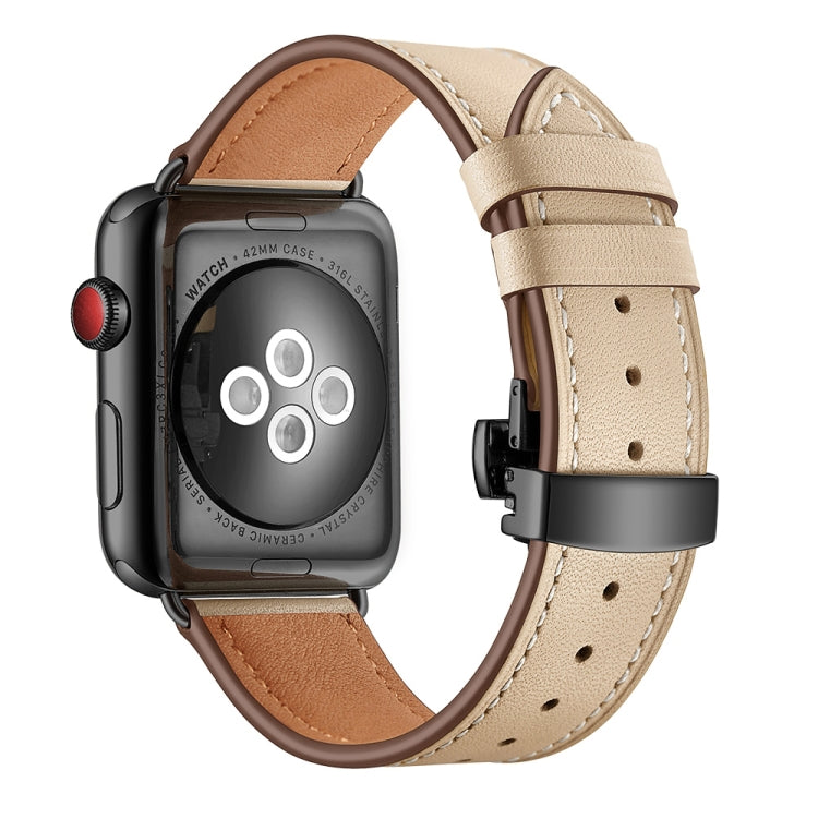 Genuine Leather + Butterfly Black Buckle Replacement Watchbands For Apple Watch Series 6 & SE & 5 & 4 44mm / 3 & 2 & 1 42mm