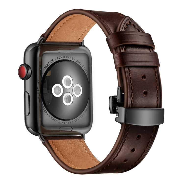 Genuine Leather + Butterfly Black Buckle Replacement Watchbands For Apple Watch Series 6 & SE & 5 & 4 44mm / 3 & 2 & 1 42mm