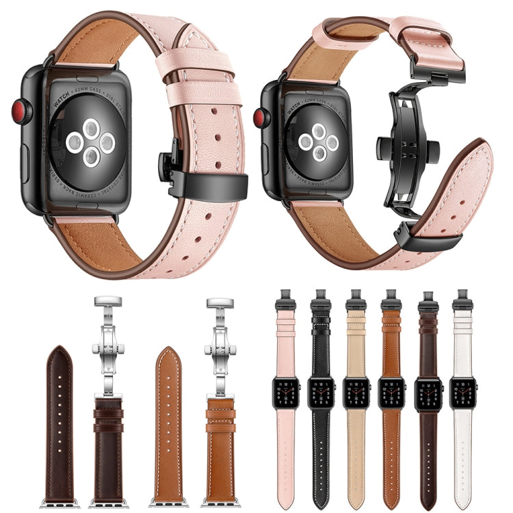 Genuine Leather + Butterfly Black Buckle Replacement Watchbands For Apple Watch Series 6 & SE & 5 & 4 44mm / 3 & 2 & 1 42mm