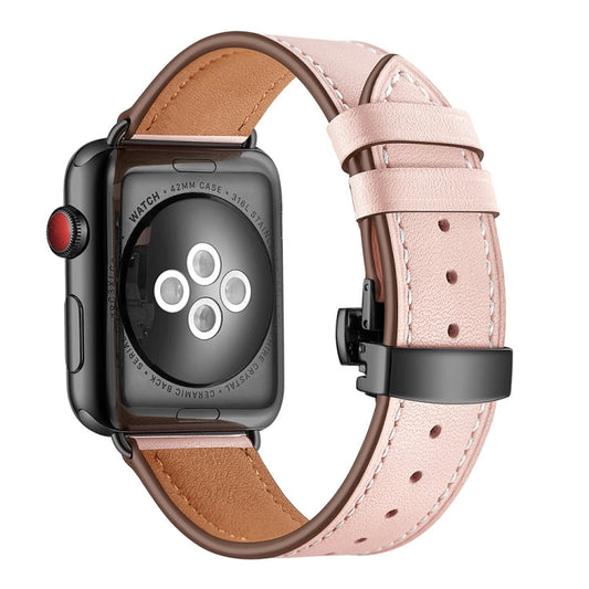 Genuine Leather + Butterfly Black Buckle Replacement Watchbands For Apple Watch Series 6 & SE & 5 & 4 40mm / 3 & 2 & 1 38mm