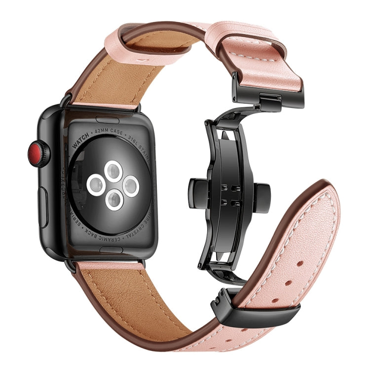 Genuine Leather + Butterfly Black Buckle Replacement Watchbands For Apple Watch Series 6 & SE & 5 & 4 40mm / 3 & 2 & 1 38mm