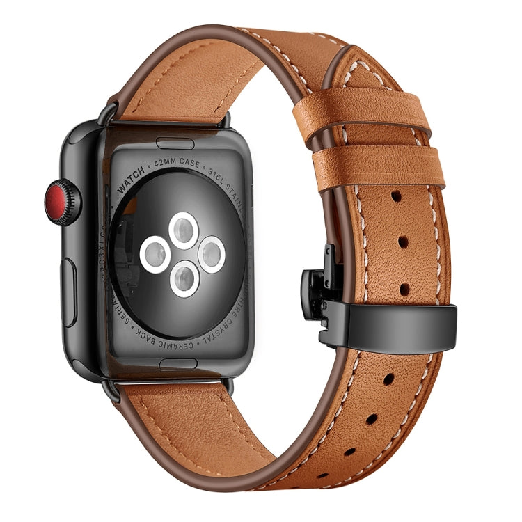 Genuine Leather + Butterfly Black Buckle Replacement Watchbands For Apple Watch Series 6 & SE & 5 & 4 40mm / 3 & 2 & 1 38mm