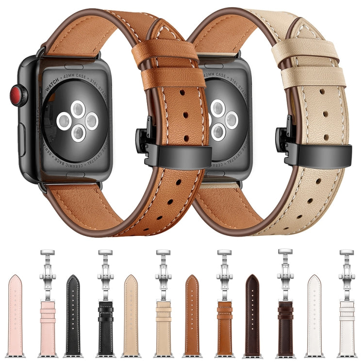 Genuine Leather + Butterfly Black Buckle Replacement Watchbands For Apple Watch Series 6 & SE & 5 & 4 40mm / 3 & 2 & 1 38mm